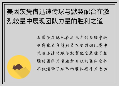 美因茨凭借迅速传球与默契配合在激烈较量中展现团队力量的胜利之道