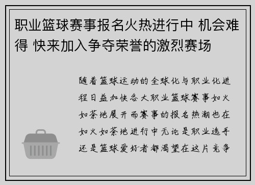 职业篮球赛事报名火热进行中 机会难得 快来加入争夺荣誉的激烈赛场