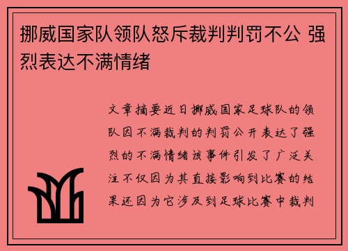挪威国家队领队怒斥裁判判罚不公 强烈表达不满情绪
